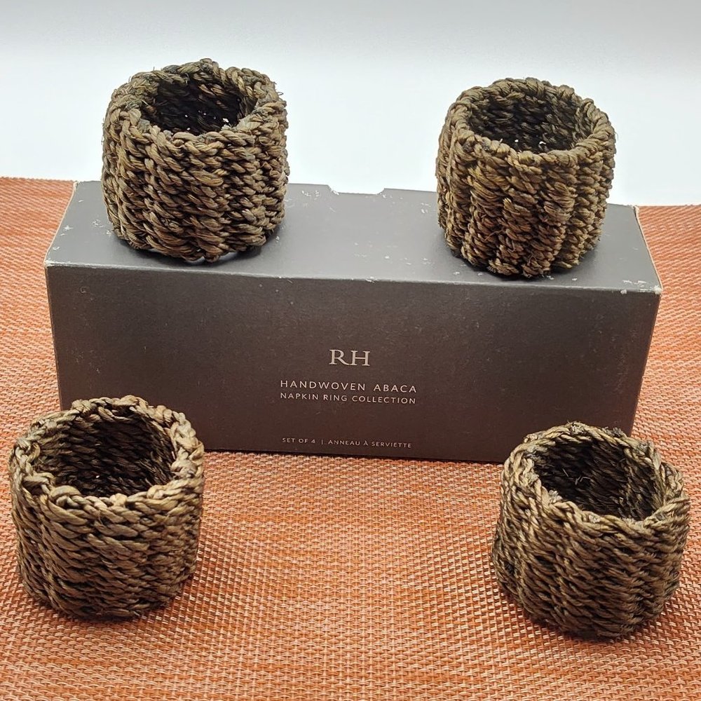Restoration Hardware Set of 4 100% Abaca Handcrafted Woven Napkin Rings NIB
